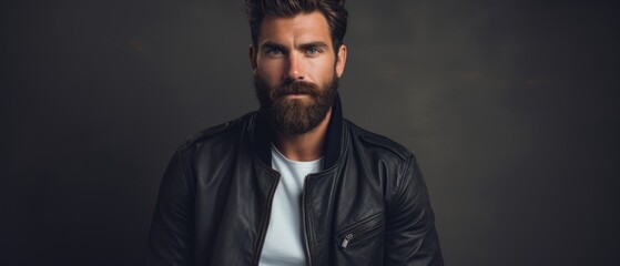 Fototapeta premium Confident Bearded Man in Leather Jacket Posing Against Dark Background
