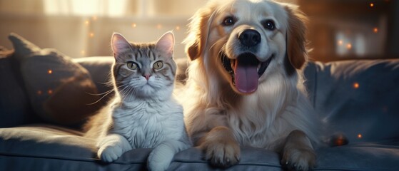 Golden retriever and cat relaxing on couch