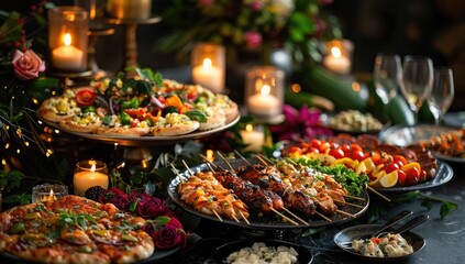 Fototapeta premium Festive dinner party food spread with skewered chicken and pizza