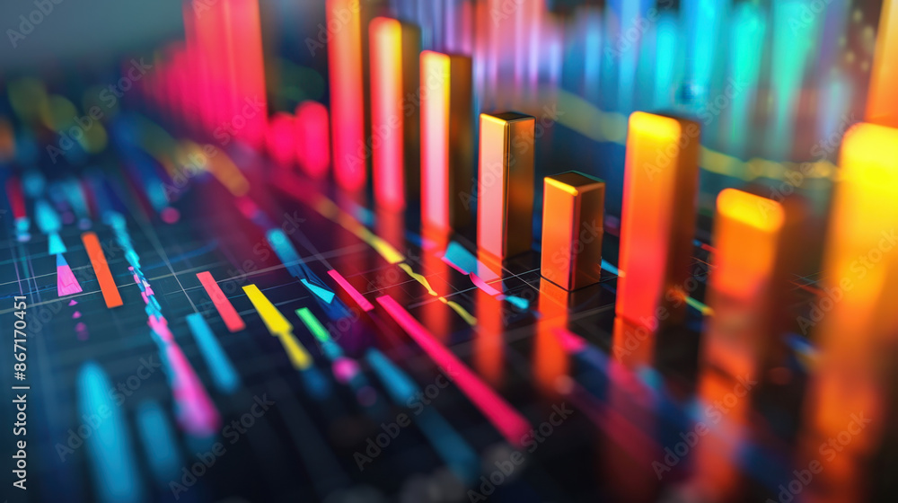 Poster colorful 3d bar chart and graphs on digital screen, abstract financial data visualization, futuristi