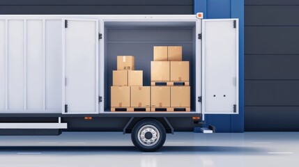 Open back door of a delivery truck loaded with cardboard boxes, transporting online orders, detailed scene, urban setting, realistic and dynamic