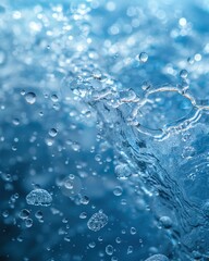 Splash of blue water with bubbles, ample copy space