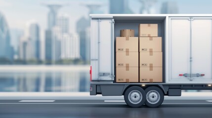 Open back door truck filled with cardboard boxes, online order delivery, detailed transportation scene, cityscape background, realistic and bustling