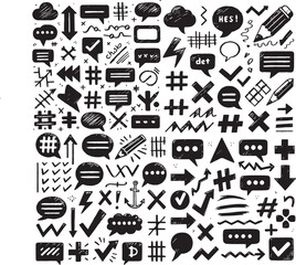 Hand drawing crayon texture design elements. Chalk pencil sketch set of arrow, speech bubble, underline, hash tag, punctuation marks. Vector doodle charcoal crosses, lines, checkmarks, dialogue boxes.