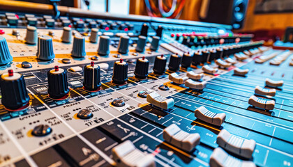Sound mixer in a music studio with keywords related to electronic components and engineering