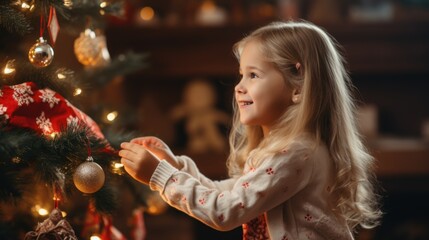 Joyful Child Decorating Christmas Tree with Ornaments in Festive Holiday Setting