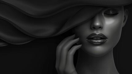 Elegant Black and White Portrait of Woman with Flowing Hair and Glamorous Makeup