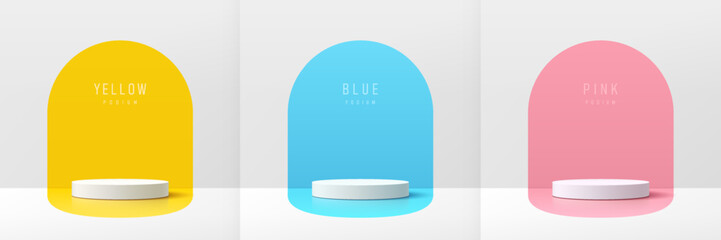 Set of 3D white product podium with blue, pink, yellow color in round backdrop. Abstract geometric composition in minimal design. Studio showroom product pedestal, Fashion stage showcase mockup scene.