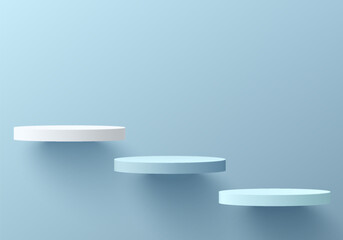 3D blue round product podium set floating on the wall background. Abstract geometric composition in minimalist design. Studio display showroom product pedestal, Fashion stage showcase mockup scene.