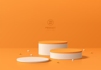 3D orange round product podium set background with white ball beads. Abstract geometric composition in minimalist design. Studio display showroom product pedestal, Fashion stage showcase mockup scene.