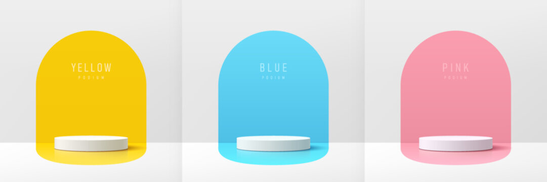 Set of 3D white product podium with blue, pink, yellow color in round backdrop. Abstract geometric composition in minimal design. Studio showroom product pedestal, Fashion stage showcase mockup scene.