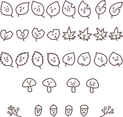 いろんな表情をした様々な形の葉っぱとキノコとドングリのイラストセット