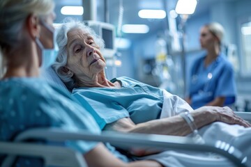 Elderly woman is lying in a hospital bed, with a family member wearing a mask sitting next to her