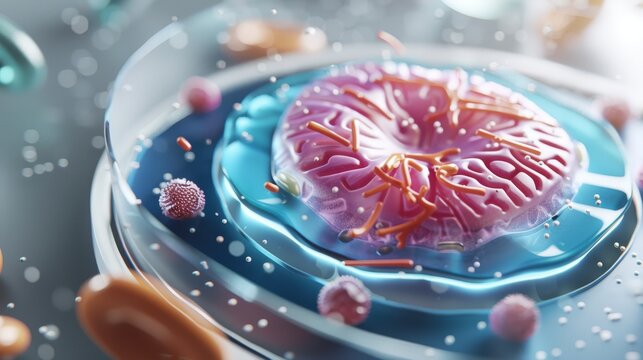Structure of a eukaryotic cell, showcasing nucleus, endoplasmic reticulum, Golgi apparatus, lysosomes, within a cellular biology framework, detailed and vibrant