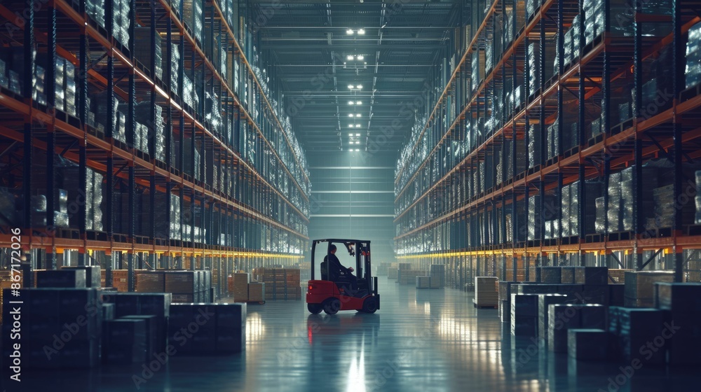 Poster smart warehouse worker or operator driving forklift and lifted product surrounded with box at storag