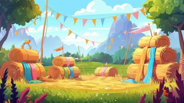 Empty festival grounds with hay bales, colorful flags and banners, ready for celebration. Concept of summer festival, outdoor event, or country fair.