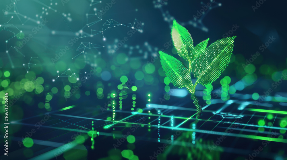 Poster digital green plant symbolizing technology and ecology integration, futuristic data network backgrou