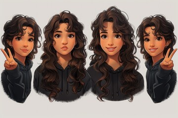 Girl illustration with different pose with curly hair