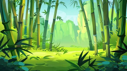 Vibrant green cartoon bamboo forest background. Lush tropical jungle scene with sunlight shining through the trees. Concept of nature, tranquility, and serenity.