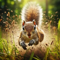 High-speed photography of a Squirrel running fast in the tall grass, motion blur and a fast shutter speed