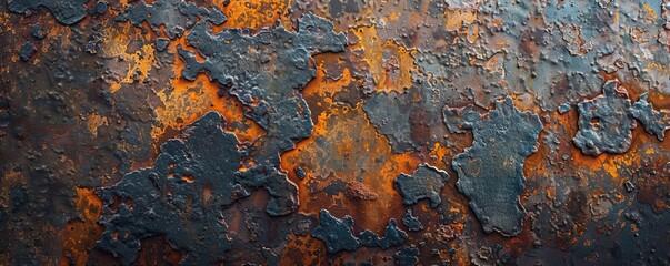 A close-up view of a detailed, rusted metal surface with layers of oxidation and patina, creating complex and rich abstract textures.