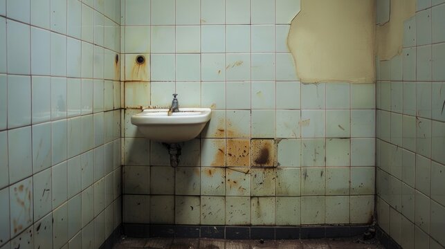 Dilapidated Bathroom with Rusty Sink and Stained Walls in Old Building