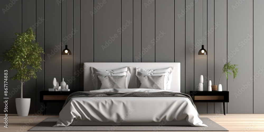 Wall mural Minimalist Bedroom Interior Design with a Gray Wall - Wall murals