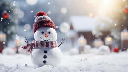 Obraz premium Snowman with hat and scarf standing in snow