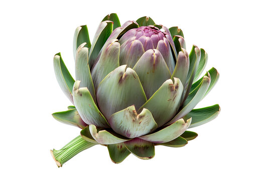 Green artichoke with a purple base is isolated on a white background.
