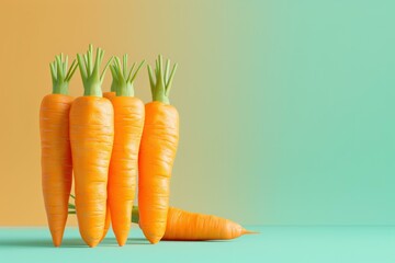 Five carrots standing upright on a turquoise surface with a two toned orange and green background