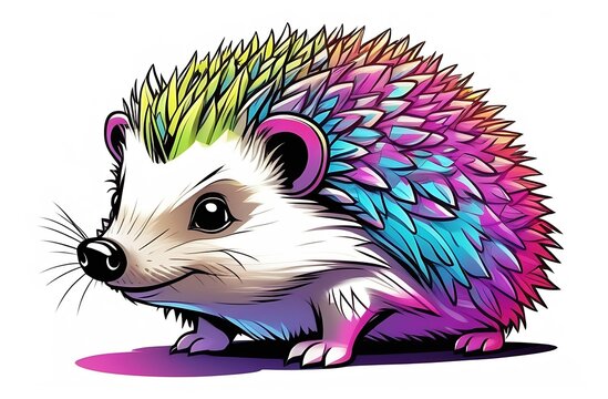 Cartoon illustration, cute neon hedgehog on a white background. A bright decorative element or print for the design of wallpaper, packaging, clothing, side view