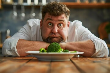 Man leaning on table with plate of broccoli