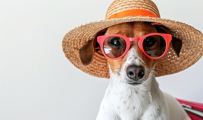Adorable Dog Wearing Straw Hat and Sunglasses Against White Background