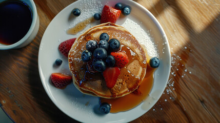 Stack of pancakes with fresh blueberries, strawberries, and syrup on a white plate next to a cup of coffee