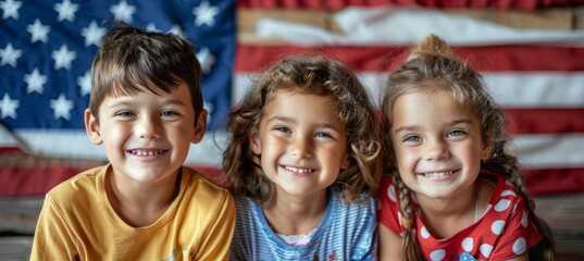 Fototapeta premium Smile children kids with America flag background. 4th of July or America independence day. Generative AI technology.