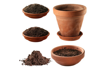 Set of clay pot full of clay isolated on transparent background