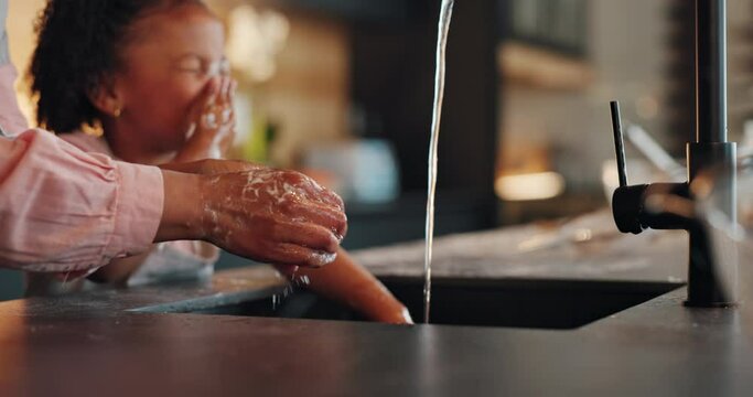 Hands, wash and sink for girl in kitchen, baking and lesson with mother in home for snacks Flour, smile and bonding with water and soap for disinfection, hygiene and germ protection for food cooking