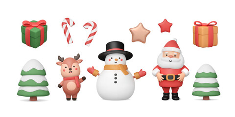 Set of 3d Christmas stickers. Santa Claus, cute deer waving his hand, snow man in top hat. Snowy trees, various gift boxes, candy cane and stars. Cartoon New Year characters. Vector illustration.