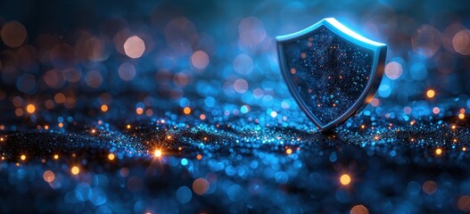 Shiny Metallic Shield on Glittering Blue Background