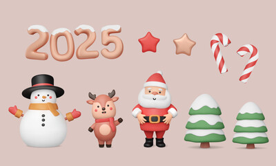 3d New Year elements. 2025 numbers with snow, cute Santa Claus, snowman in top hat, reindeer baby, green trees, stars and candy cane. Christmas objects. Standing characters. Xmas vector toys.