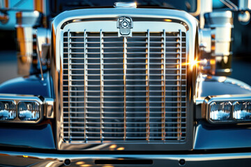 Close-Up of Chrome Grille on a Shiny Semi-Truck