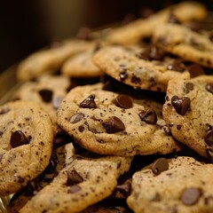 Naklejka premium Freshly baked vegan chocolate chip cookies glistening with a hint of avocado oil and ready to be devoured.