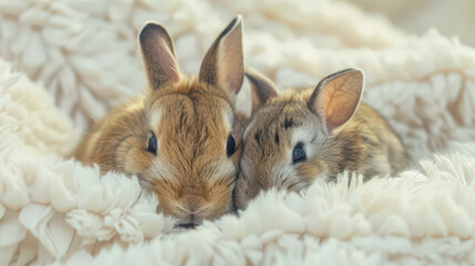 Naklejka premium Two cute bunnies sitting on a white soft blanket