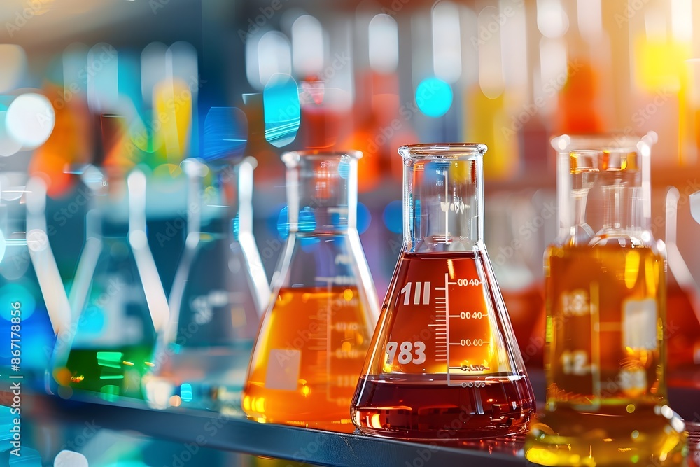 Poster glassware collection in a laboratory setting showcasing beakers and flasks for scientific testing an