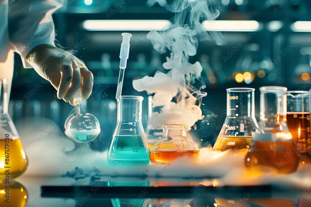 Poster accessing a beaker in a sophisticated laboratory setup with experimental glassware