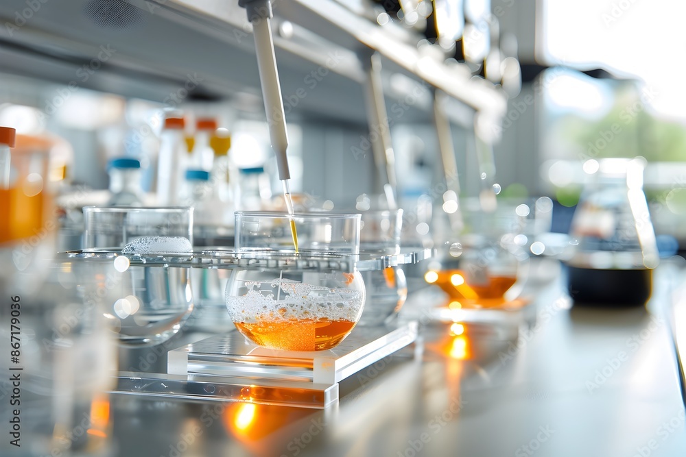 Poster accessing a beaker in a laboratory setup for scientific experimentation and research