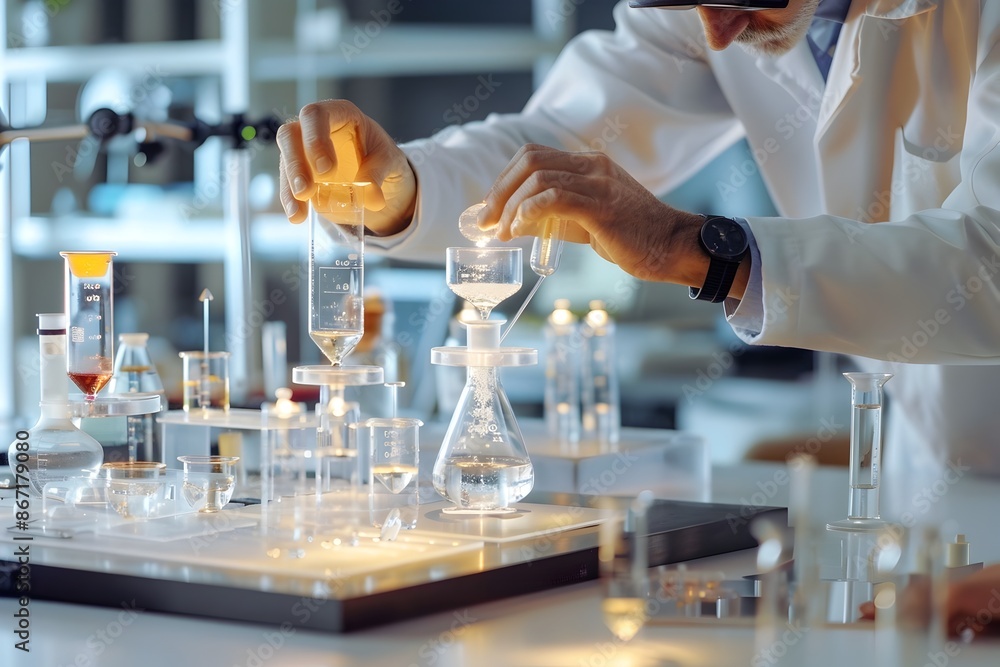 Poster accessing a beaker in a meticulously arranged laboratory setup for scientific experimentation and re