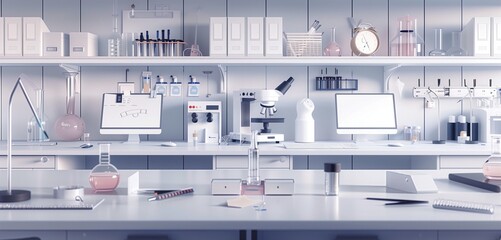 Minimalist back-to-school science lab setup with clean workstations, lab equipment, and organized supplies, ready for scientific exploration and experiments.