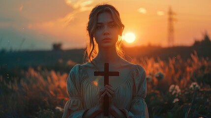 Woman Holding Cross at Sunset in Countryside Field with Ethereal Light and Warm Tones