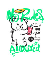 no rules allowed graffiti slogan with cartoon bear doll spray painting hand drawn vector illustration